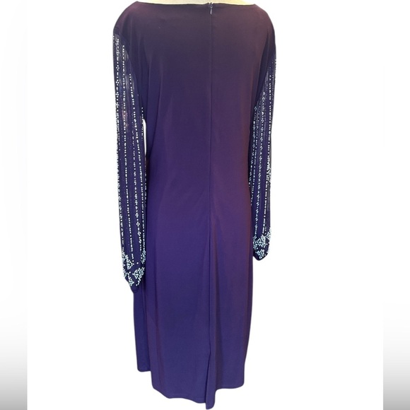 Marina Round Neck Beaded Lace Long Sleeve Side Drape Sheath Dress in Egg… - Picture 4 of 8